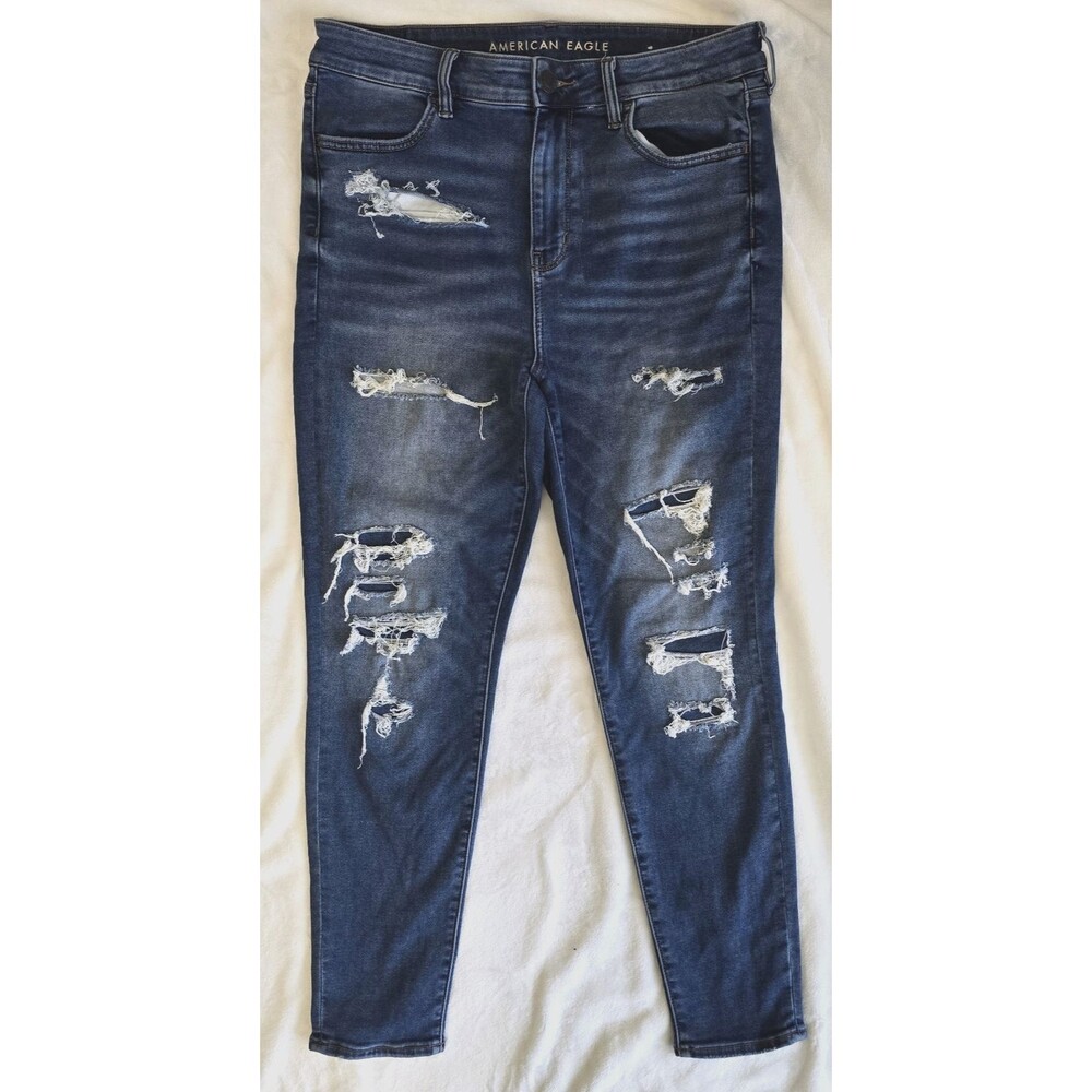 American Eagle Next Level Stretch Hi Rise Jegging Distressed Blue Jeans Size 14 - Picture 1 of 8